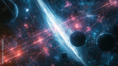 A sci-fi inspired digital artwork of a galactic trade network, where planets are interconnected with glowing energy lines, symbolizing interstellar commerce.  photo