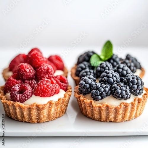 Delicious raspberry and blackberry tarts on white plate photo