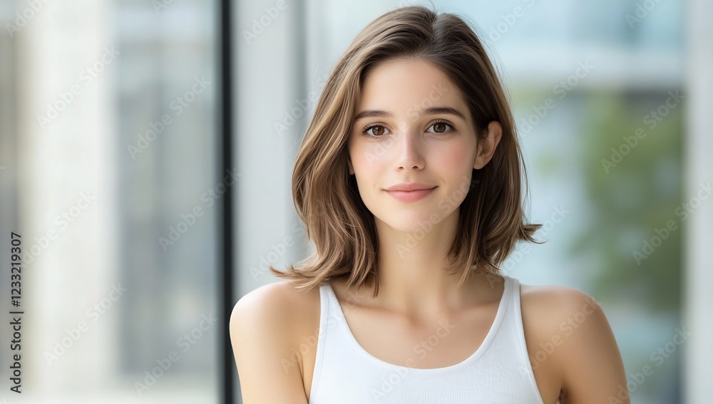 Woman, shoulder-length hair, smiling, office background, portrait Woman, shoulder-length hair, smiling, office background, portrait