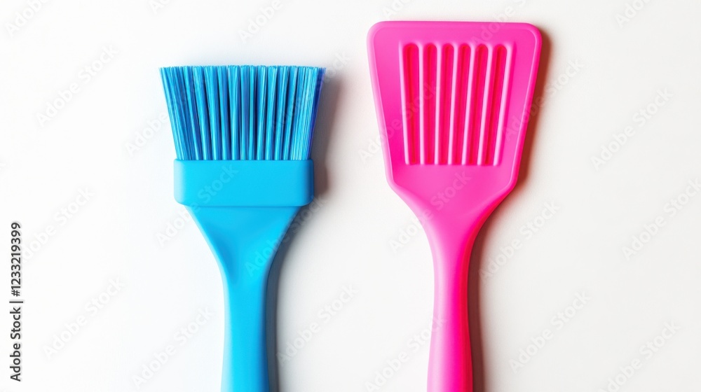 Colorful Kitchen Utensils with Blue Pastry Brush and Pink Spatula on Light Background for Culinary Use Colorful Kitchen Utensils with Blue Pastry Brush and Pink Spatula on Light Background for Culinary Use