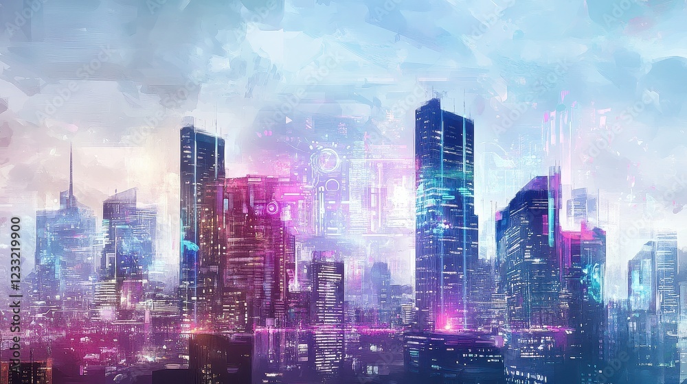 Obraz premium A watercolor-styled digital painting of a futuristic city skyline where global trade is visualized through holographic projections and AI-driven infographics. 
