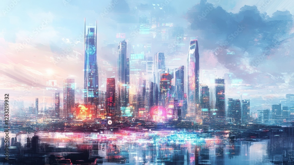 Obraz premium A watercolor-styled digital painting of a futuristic city skyline where global trade is visualized through holographic projections and AI-driven infographics. 
