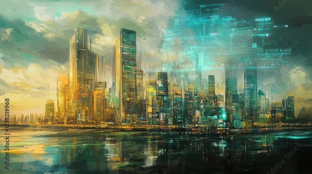 Fototapeta premium A watercolor-styled digital painting of a futuristic city skyline where global trade is visualized through holographic projections and AI-driven infographics. 