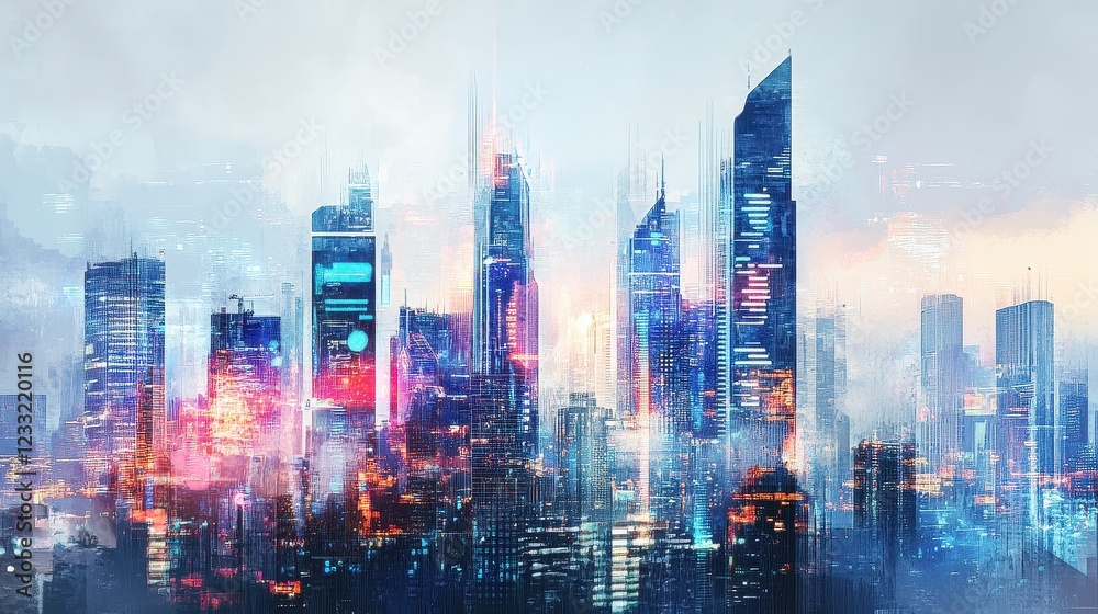 Obraz premium A watercolor-styled digital painting of a futuristic city skyline where global trade is visualized through holographic projections and AI-driven infographics.