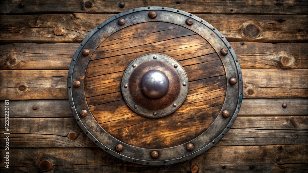 Fototapeta premium Aerial View of a Round Wooden Shield with Metal Rim and Weathered Surface, Ideal for Historical, Medieval, or Fantasy Themes in Stock Photography