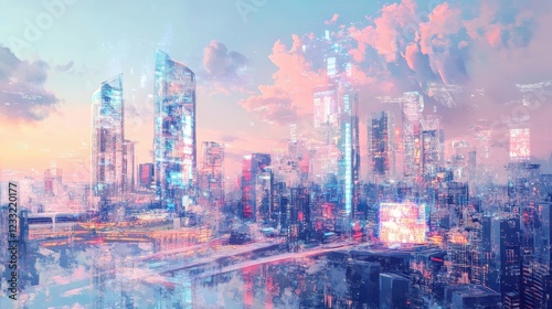 A watercolor-styled digital painting of a futuristic city skyline where global trade is visualized through holographic projections and AI-driven infographics. 