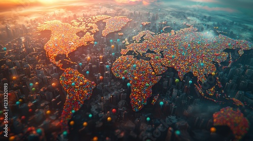 Colorful world map over cityscape at sunset, global business concept