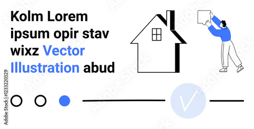 Man holding a box wearing blue sweater beside a house graphic, with lorem ipsum text above and circularloading elements below. Ideal for real estate, moving, home improvement, packaging, housing