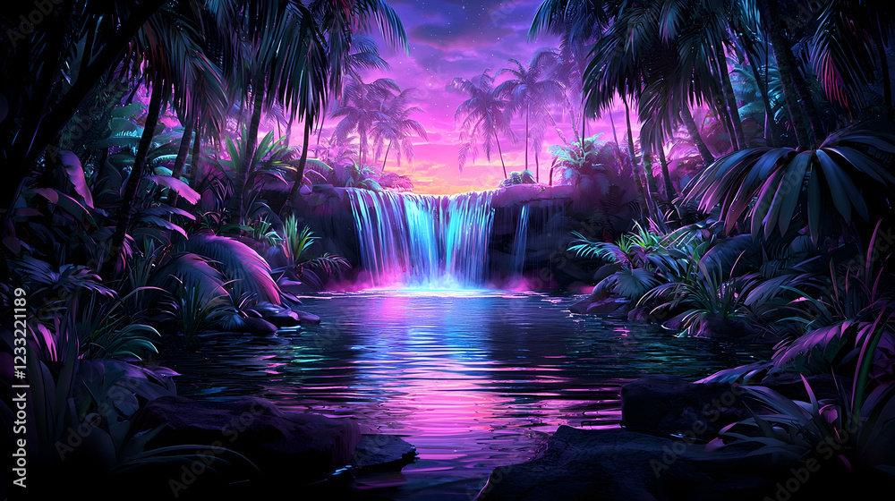 Fototapeta premium Tropical sunset waterfall, lush jungle, vibrant colors, serene pool