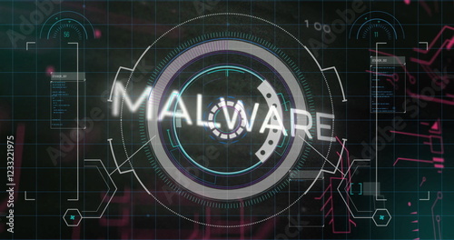Malware text image over digital interface with circular and grid elements