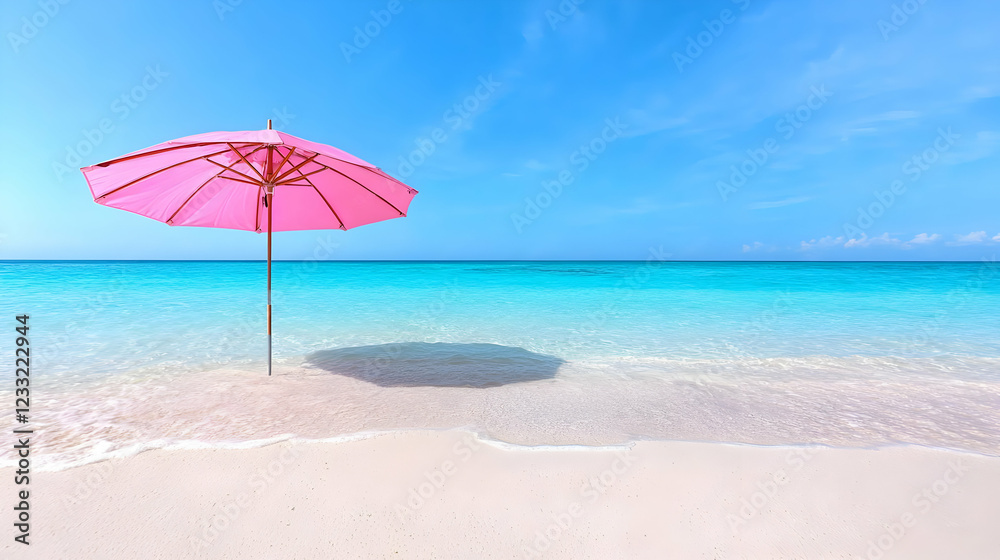 Pink umbrella on pristine beach, turquoise ocean, sunny sky, vacation paradise Pink umbrella on pristine beach, turquoise ocean, sunny sky, vacation paradise