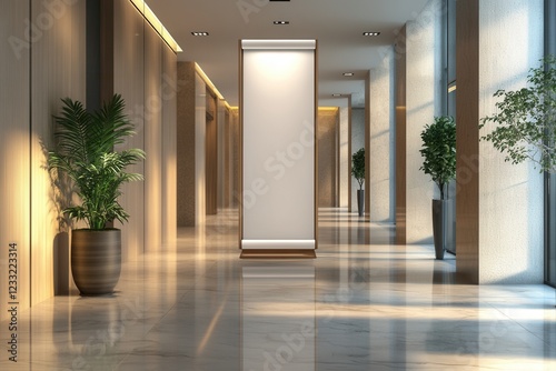 Elegant hotel lobby with blank sign. Perfect for showcasing ads or announcements.