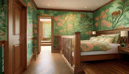 Elegant Interior with Wooden Banister and GreenBrown Tree Pattern Wallpaper Warm and Inviting Vintage Atmosphere, Ideal for Home Decor or Magazine Covers photo