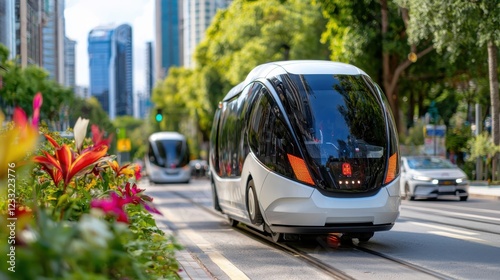 A futuristic sustainable metropolitan cityscape featuring modern skyscrapers energy efficient electric trains and vehicles lush greenery