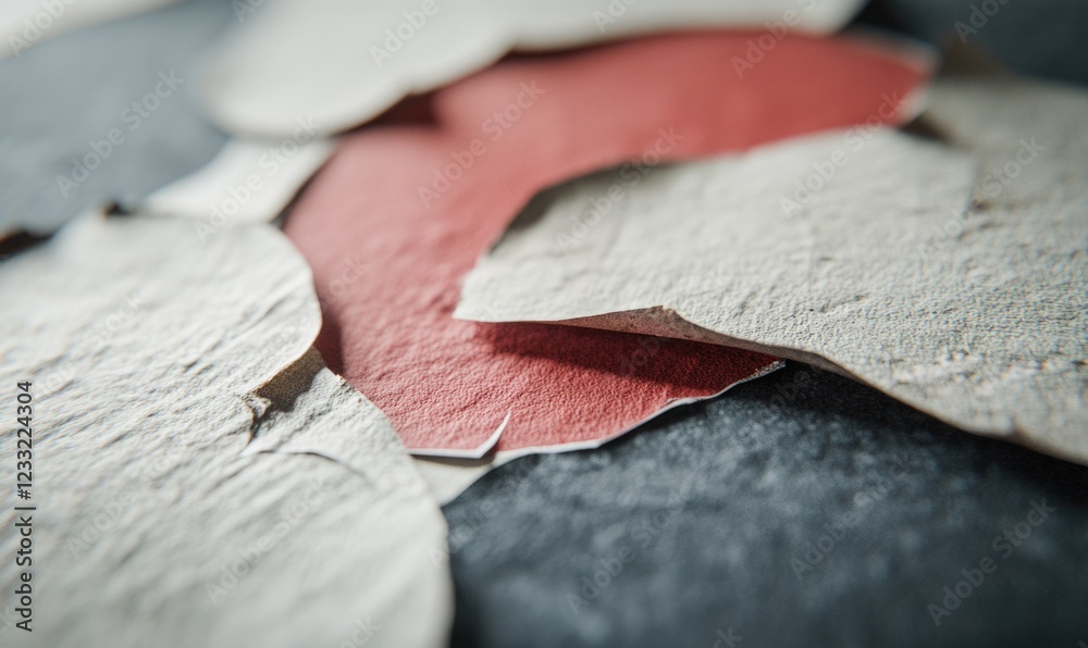 Naklejka premium Close-up view of textured paper scraps in shades of red and gray arranged on a dark background, showcasing the intricate details and organic shapes of the materials