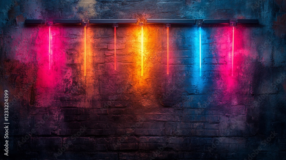 Fototapeta premium Vibrant neon lights hanging against a textured wall, creating a colorful urban ambiance