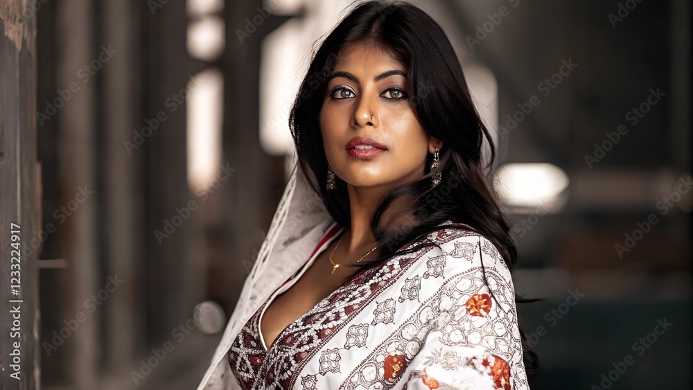 Elegant Indian Woman in Traditional Attire with Clear, Beautiful Eyes - High-Class Portrait Elegant Indian Woman in Traditional Attire with Clear, Beautiful Eyes - High-Class Portrait