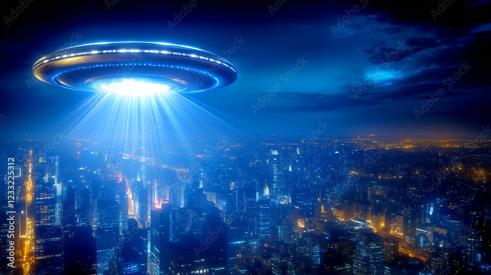 Obraz premium Bright UFO hovering over a modern city at night
