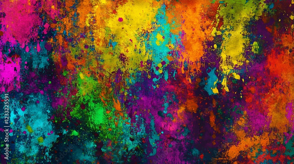 A vibrant and chaotic abstract background with splatters of multiple bright colors A vibrant and chaotic abstract background with splatters of multiple bright colors