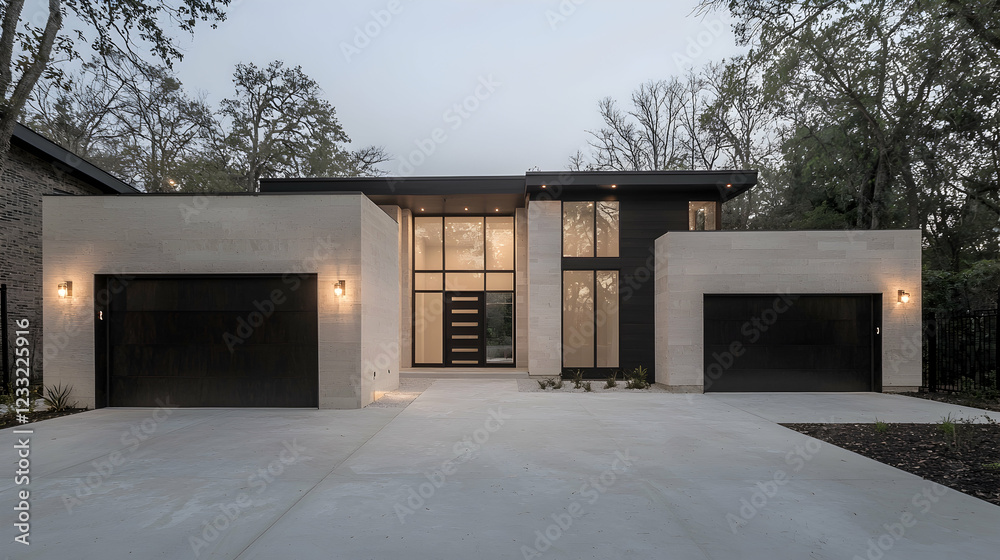 Modern house, dusk, trees, driveway, real estate Modern house, dusk, trees, driveway, real estate