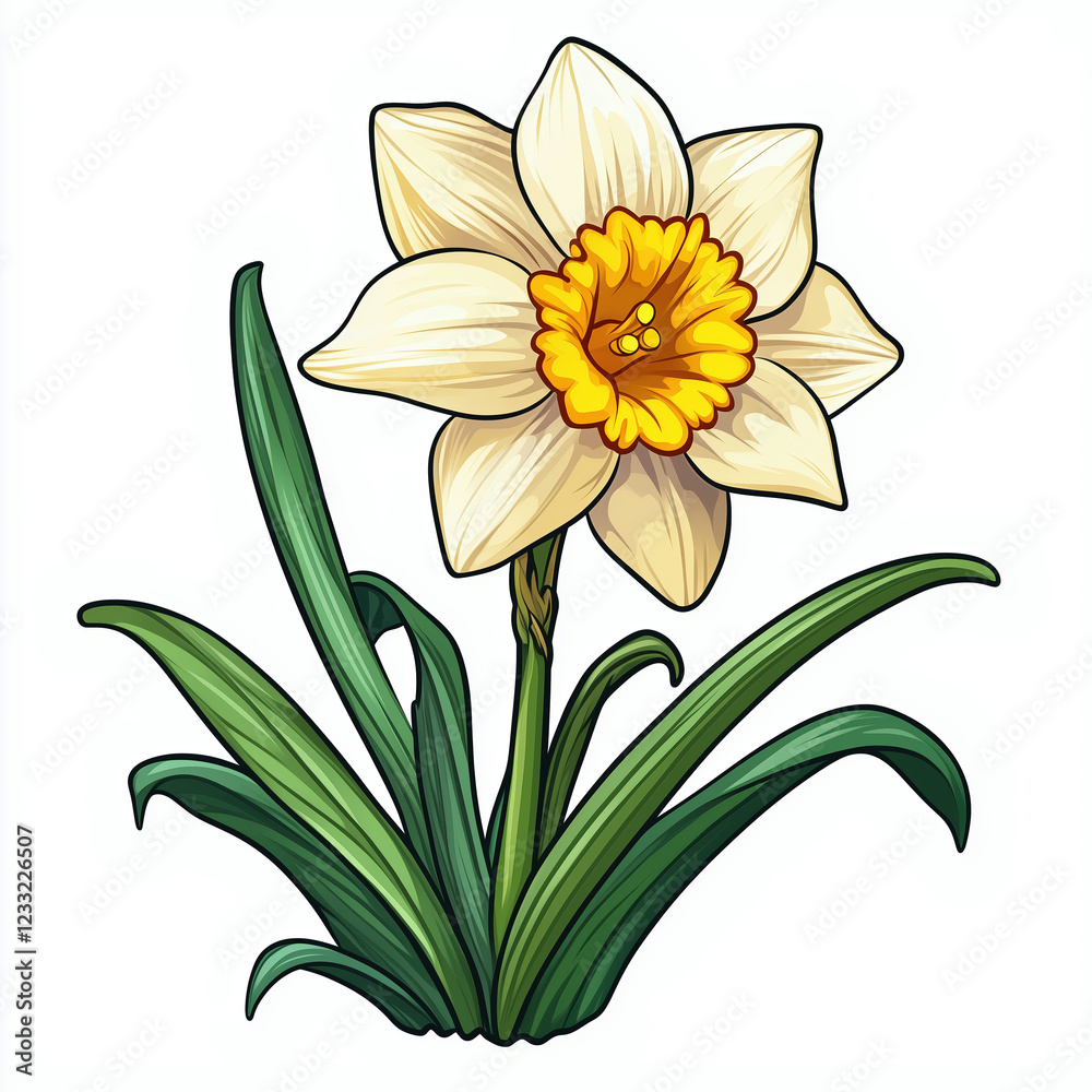 Fototapeta premium Vibrant Botanical Illustration of Blooming Daffodil