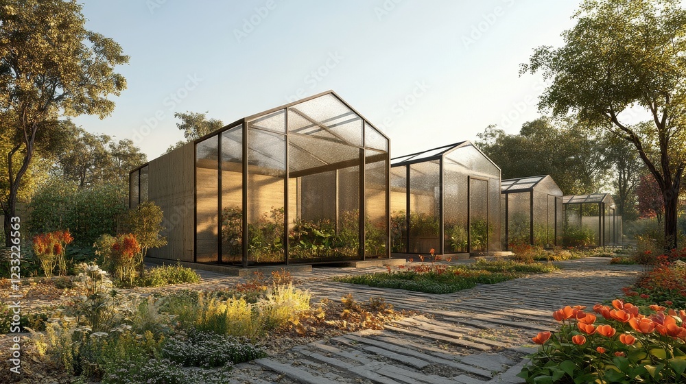 Modern glass greenhouses in a garden setting. Ideal for articles on sustainable living, gardening, or architecture.