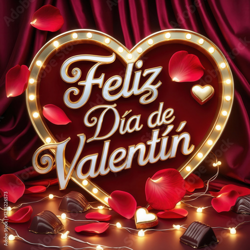 A Valentine's Day composition featuring a red velvet background with golden decorative elements. The phrase Feliz Día de San Valentín is elegantly written in a stylish, golden 3D script at the centre