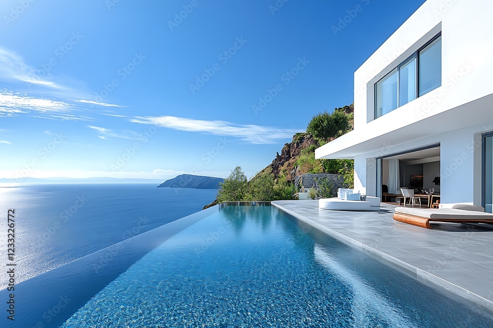 Fototapeta premium Santorini Island in Greece showcases a vibrant and breathtaking panorama, featuring stunning white architecture against the backdrop of a deep blue sea and clear skies, perfect for summer sunshine.