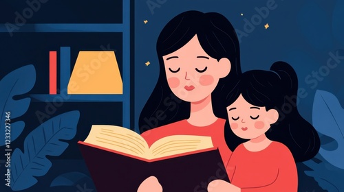 A loving mother reading a bedtime story to her young child in the comfort and safety of their home bedroom  The tranquil nighttime setting creates a cozy intimate moment of bonding learning
