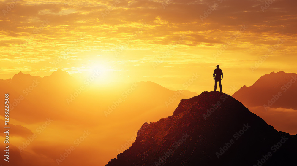 A lone traveler standing atop a mountain peak at sunrise, looking at the vast horizon A lone traveler standing atop a mountain peak at sunrise, looking at the vast horizon