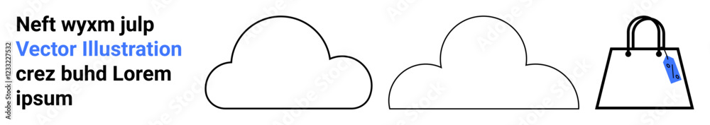 Three simple cloud outlines and a shopping bag with a tag. Ideal for e-commerce, cloud storage, online shopping, digital marketing, technology, minimalism, flat landing page banner Three simple cloud outlines and a shopping bag with a tag. Ideal for e-commerce, cloud storage, online shopping, digital marketing, technology, minimalism, flat landing page banner