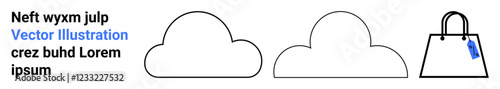 Three simple cloud outlines and a shopping bag with a tag. Ideal for e-commerce, cloud storage, online shopping, digital marketing, technology, minimalism, flat landing page banner