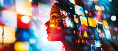Collage multiple multimedia TV video image background video wall concept, entertainment pattern screens. Generative AI