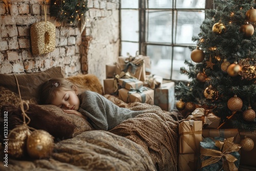 A girl sleeps peacefully on a bed surrounded by Christmas presents and a decorated tree. Perfect for illustrating themes of Christmas, childhood, and cozy winter.