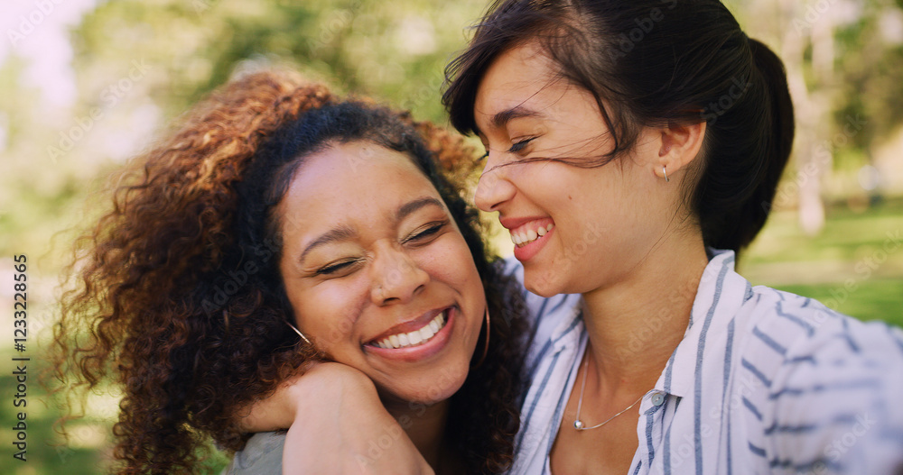 Hug, selfie and smile with woman friends outdoor in park together for bonding or memories. Love, photography and summer with happy people embracing in nature for social media profile picture update Hug, selfie and smile with woman friends outdoor in park together for bonding or memories. Love, photography and summer with happy people embracing in nature for social media profile picture update
