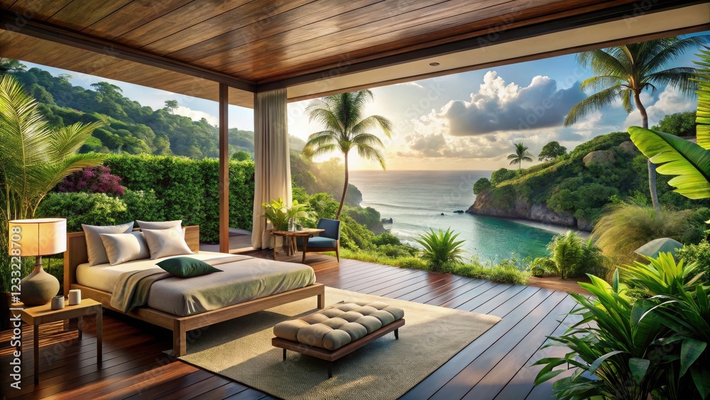 Beautiful Outdoor Views in Bali: Luxe Hotel Room Overlooking Jungle and Ocean Shoreline, Ideal for Travel Vacations and Serenity Setups with Bedroom Furniture Surrounded by Nature Beautiful Outdoor Views in Bali: Luxe Hotel Room Overlooking Jungle and Ocean Shoreline, Ideal for Travel Vacations and Serenity Setups with Bedroom Furniture Surrounded by Nature