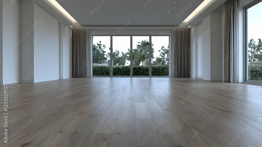 Empty modern room, large windows, tropical view, hardwood floor; real estate Empty modern room, large windows, tropical view, hardwood floor; real estate