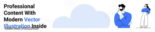 Two individuals contemplating ideas, standing near a large cloud. Ideal for creativity, brainstorming, digital solutions, personal growth, modern concepts, abstract thinking, flat landing page banner