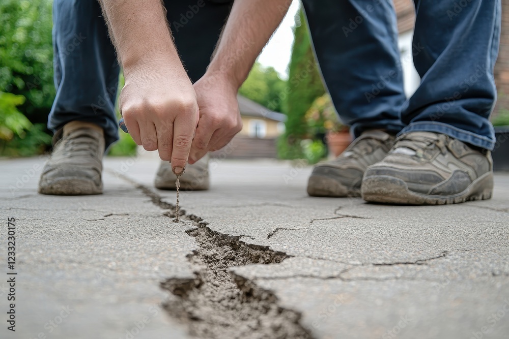 Person inspecting a cracked pavement, closely examining the fissure. Illustrates pavement damage assessment or repair needs. Person inspecting a cracked pavement, closely examining the fissure. Illustrates pavement damage assessment or repair needs.
