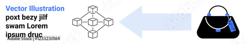 Free Download Blockchain network connecting nodes with arrow pointing to a luxury handbag. Ideal for blockchain, data security, supply chain, luxury goods, authentication, fashion, decentralized systems. Flat - GFXLoad