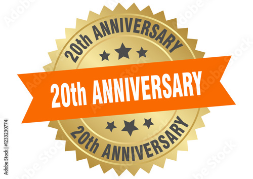 20th anniversary. 20th anniversary round orange and gold label isolated on transparent background