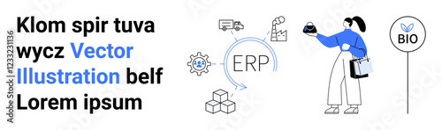 Woman analyzing ERP system process with factory, truck, package, and eco sign. Ideal for logistics, supply chain, ERP, sustainability, industrial automation management flat landing page banner