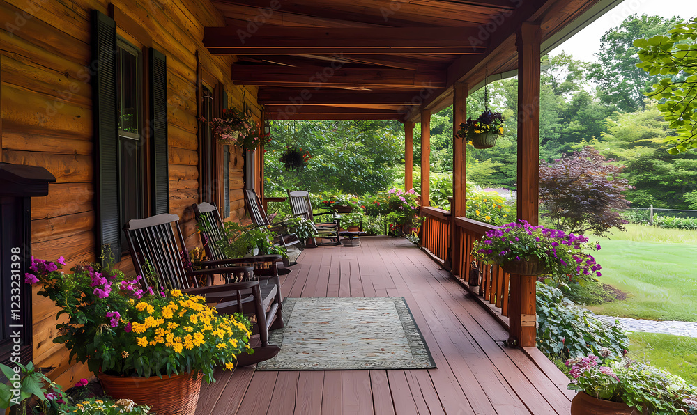 Fototapeta premium A classic wooden lodge with a front porch flourishing with vibrant flowers and greenery