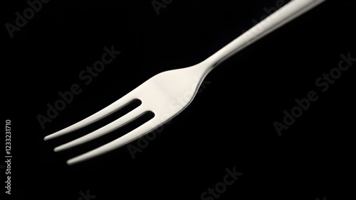 Close-up of a stainless steel three prong fork isolated on black background, minimalist kitchen utensil concept photo