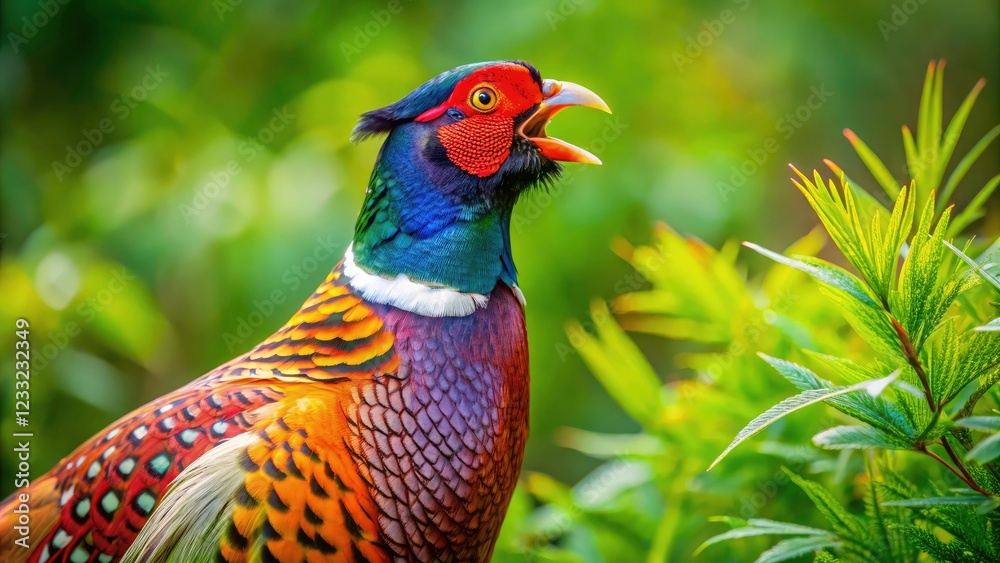 Fototapeta premium Close Up of a Common Pheasant Crowing in Natural Habitat - Vibrant Plumage and Stunning Details of Phasianus Colchicus in Action