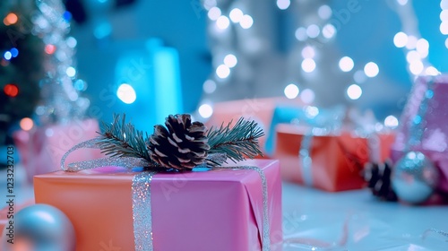 Christmas gifts under tree, bokeh lights photo