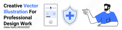 Man pointing at thermostat and shield with a cross symbol, symbolizing temperature control, healthcare, and security. Ideal for healthcare, technology, guidance, safety, instruction tutorials flat