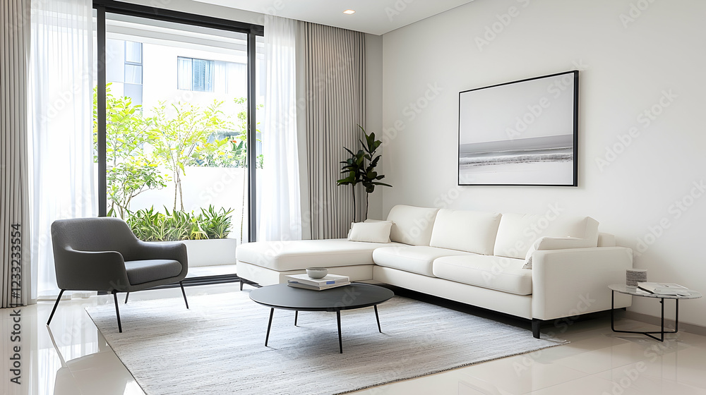 Modern living room with sectional sofa, garden view Modern living room with sectional sofa, garden view