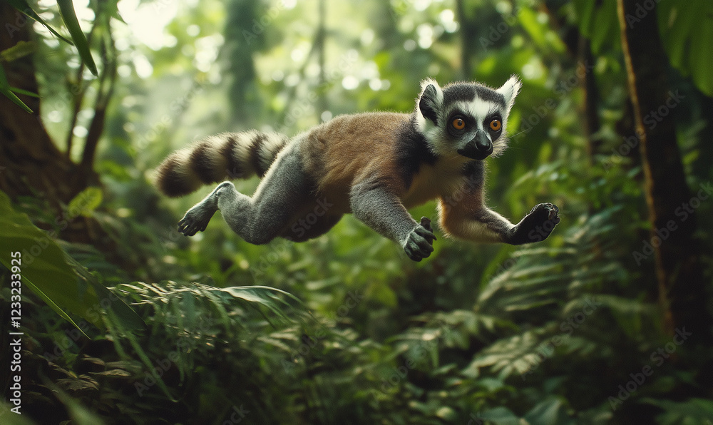 Obraz premium A lemur leaping nimbly through a dense rainforest, showcasing agility in nature