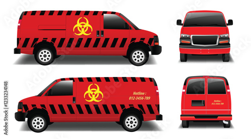 A red emergency response van with a biohazard symbol, black hazard stripes, and a hotline number. The design emphasizes safety, urgency, and hazardous material transportation.  